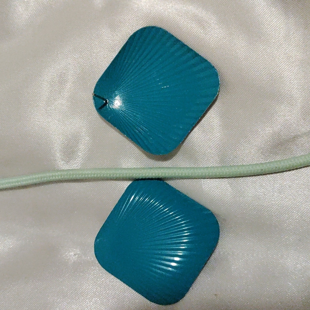 Square Teal Seashell Patterned Metal Earrings - image 2